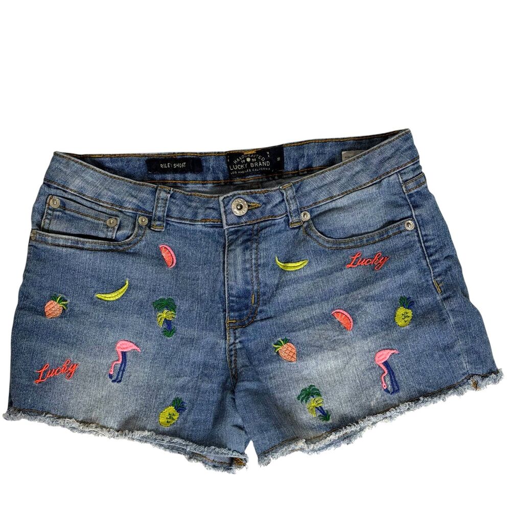 Lucky Brand Riley Jean Denim Shorts Embroidered Tropical Girl Blue 16 bv